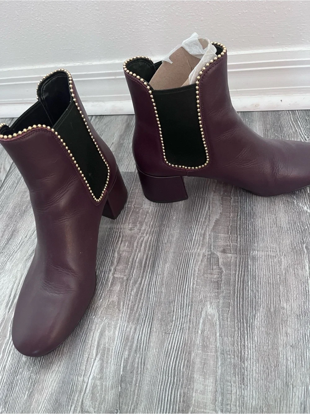 Coach Women's Burgundy Leather Ankle Booties with Gold Stud Trim
